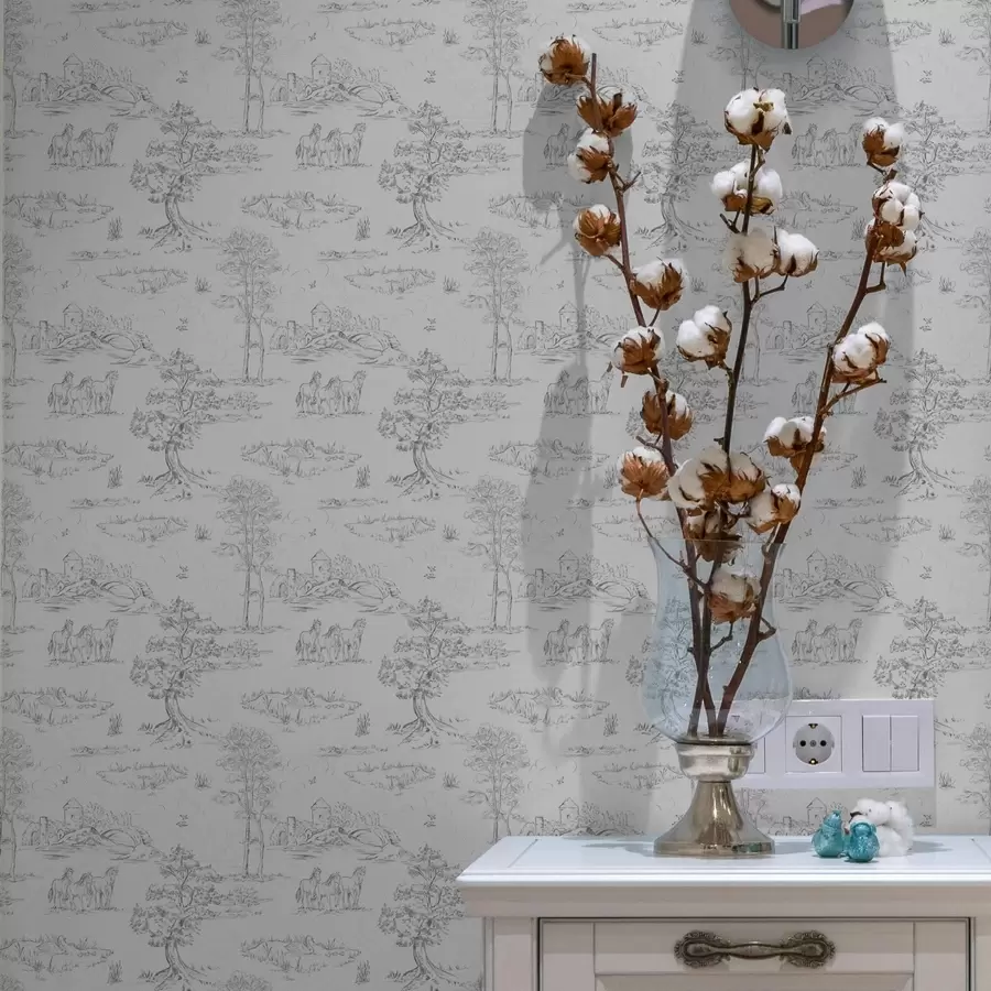 murais de parede Paisagem com cavalos em estilo cinza e branco a00133v2