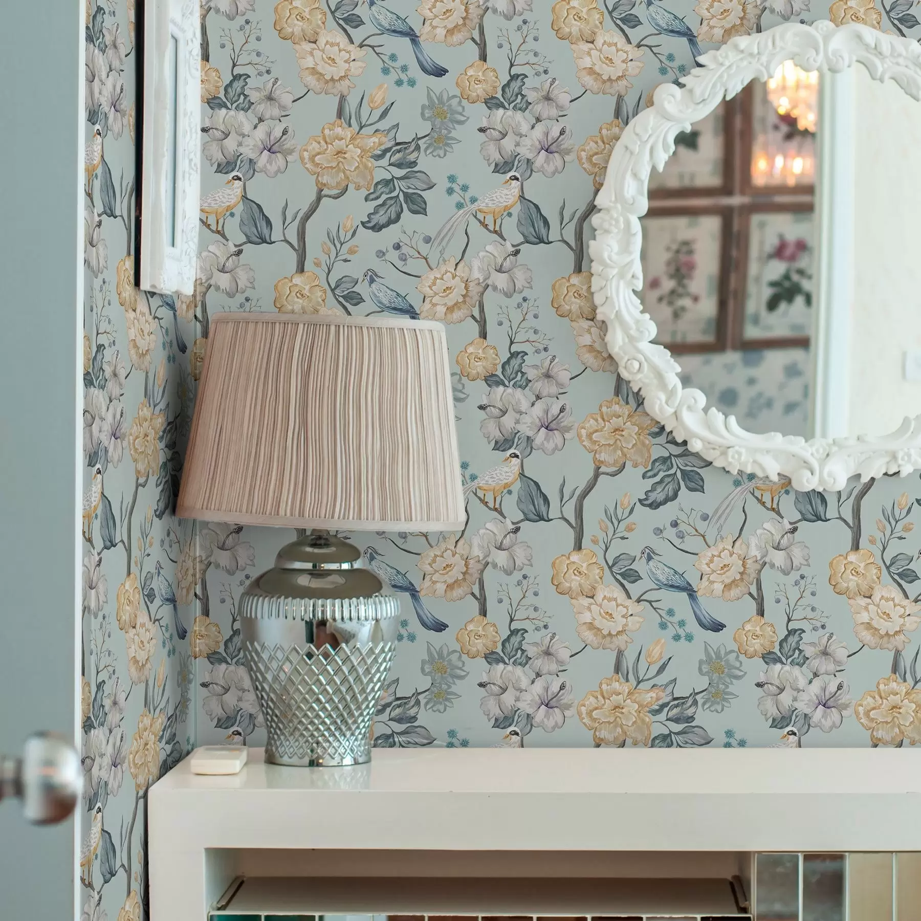 murais de parede Flores e pássaros em um fundo azul a00134