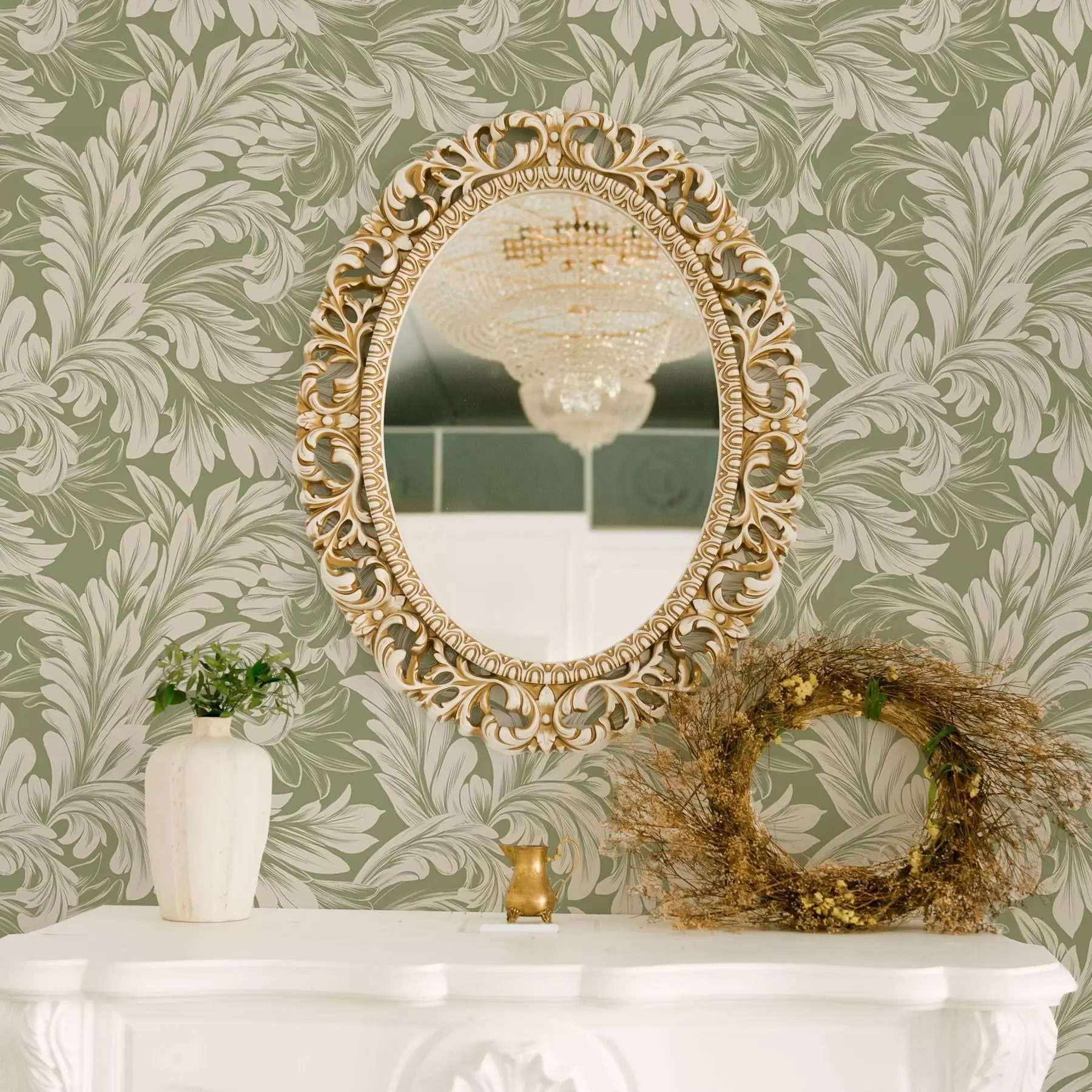 murais de parede Barroco com folhas creme sobre fundo verde a00135