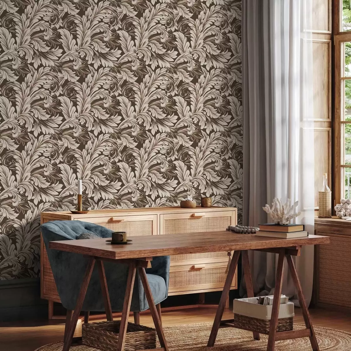 Papel de parede Padrão barroco com folhas em um fundo escuro a00135v5