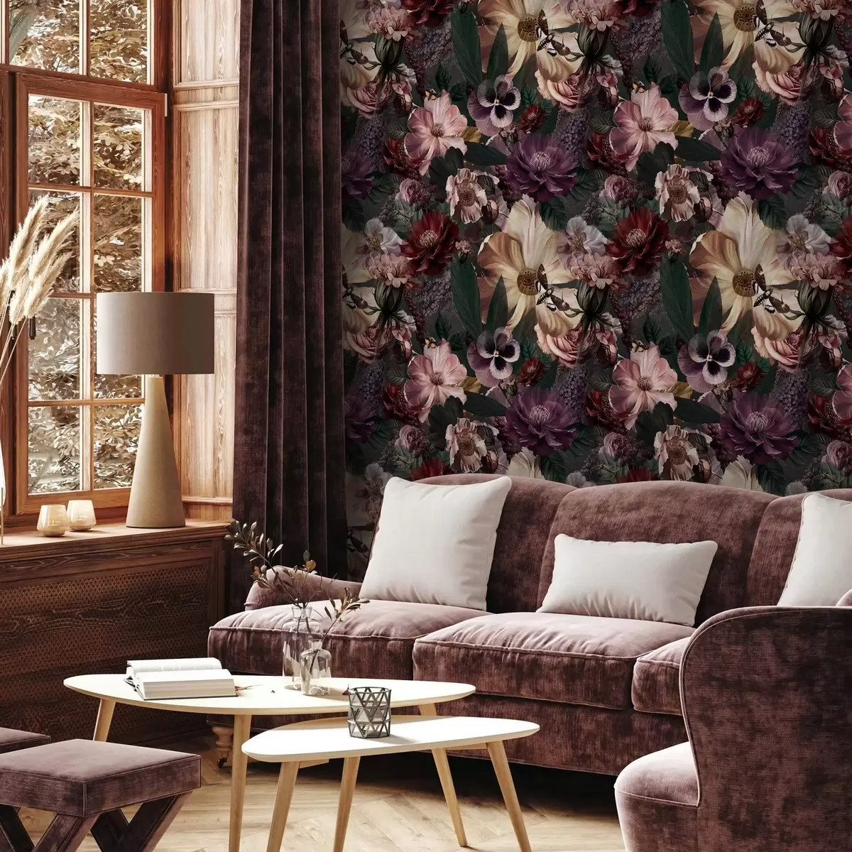 Papel de parede Estampa floral artística em cores escuras a00147