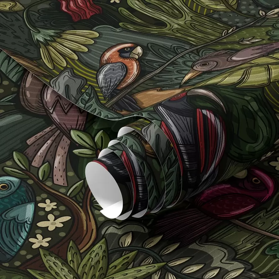 murais de parede Aves exóticas na selva no estilo de uma gravura a00157