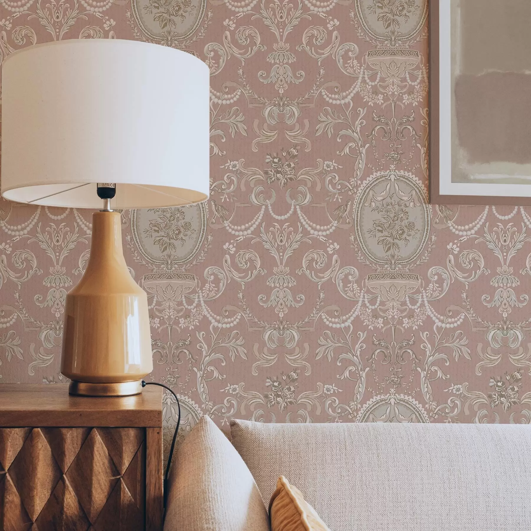 murais de parede Ornamento barroco com flores em um fundo rosa a00160