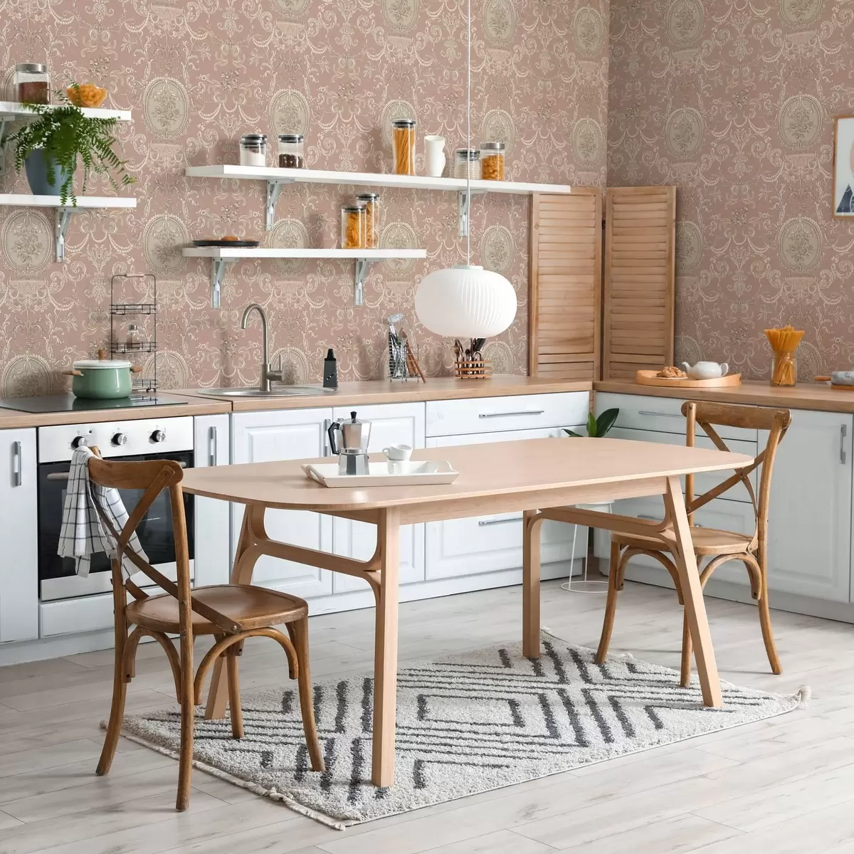 Papel de parede Ornamento barroco com flores em um fundo rosa a00160