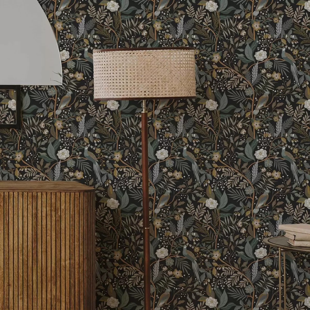 Papel de parede Pássaros entre galhos em um fundo escuro a00161