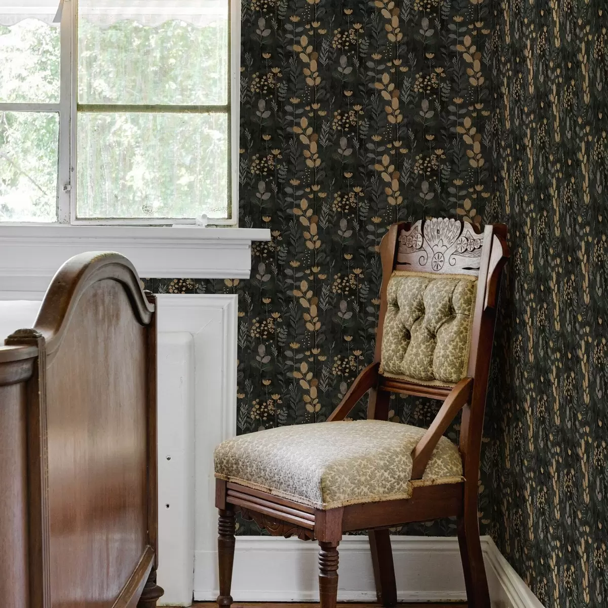 Papel de parede Padrão floral em tons de cinza e amarelo a00163