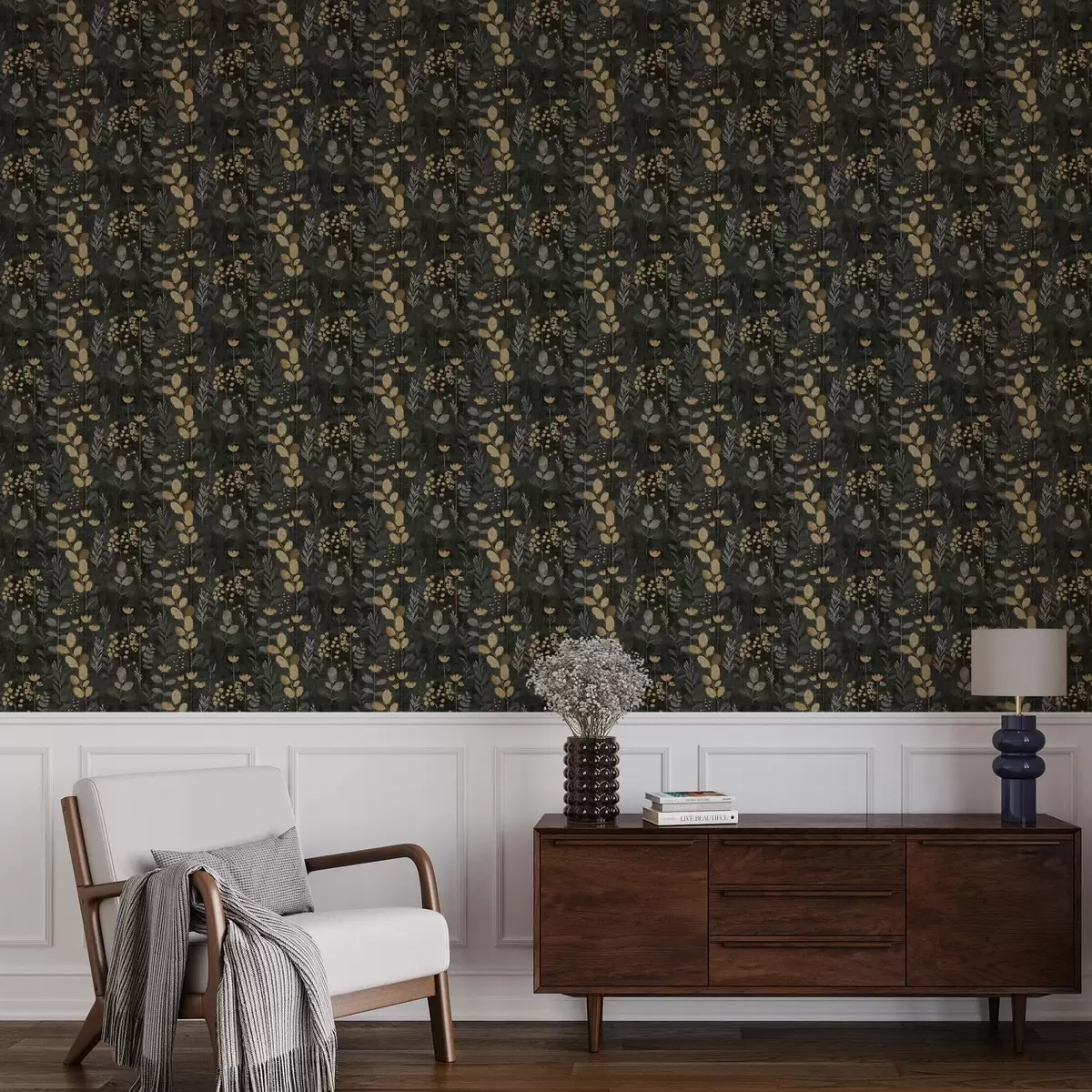 Papel de parede Padrão floral em tons de cinza e amarelo a00163