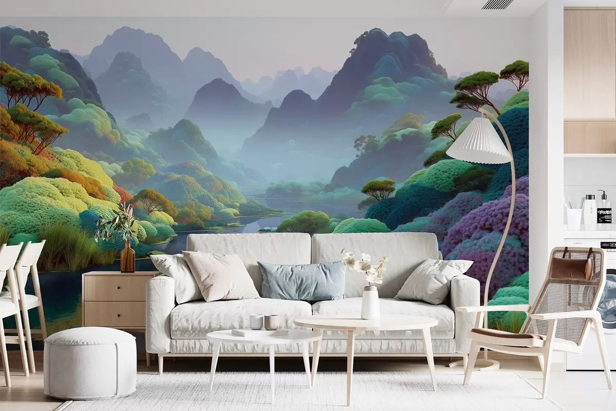 murais de parede Paisagem de montanha com um rio em tons de azul, com árvores e arbustos w09088