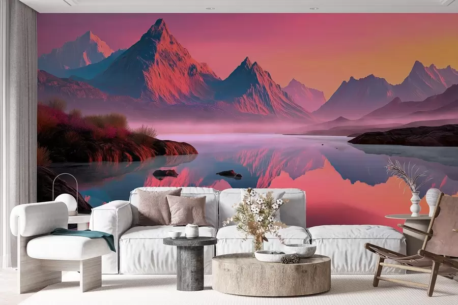 murais de parede Paisagem romântica ao pôr do sol com um rio e montanhas em tons de rosa w09093