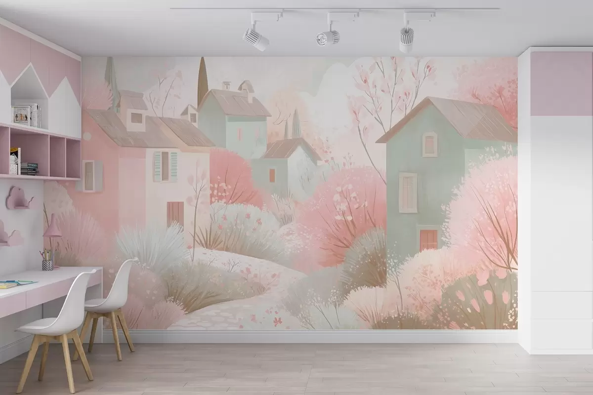 murais de parede Cidade de conto de fadas em estilo de pintura a óleo em tons de rosa w09095