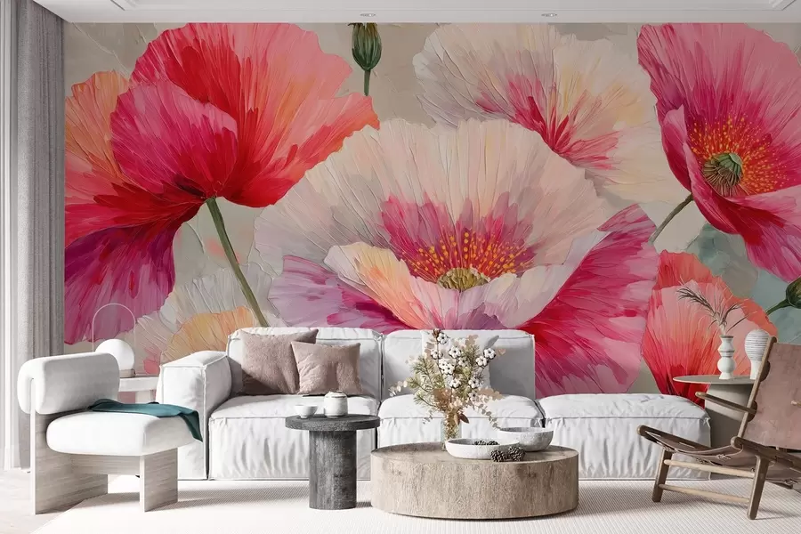 murais de parede Papoulas brancas e vermelhas em estilo de pintura a óleo com pinceladas ousadas w09097