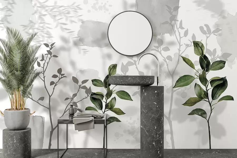 murais de parede Folhas de limoeiro, sombras de galhos de árvores, natureza, aquarela, verde w03910v1