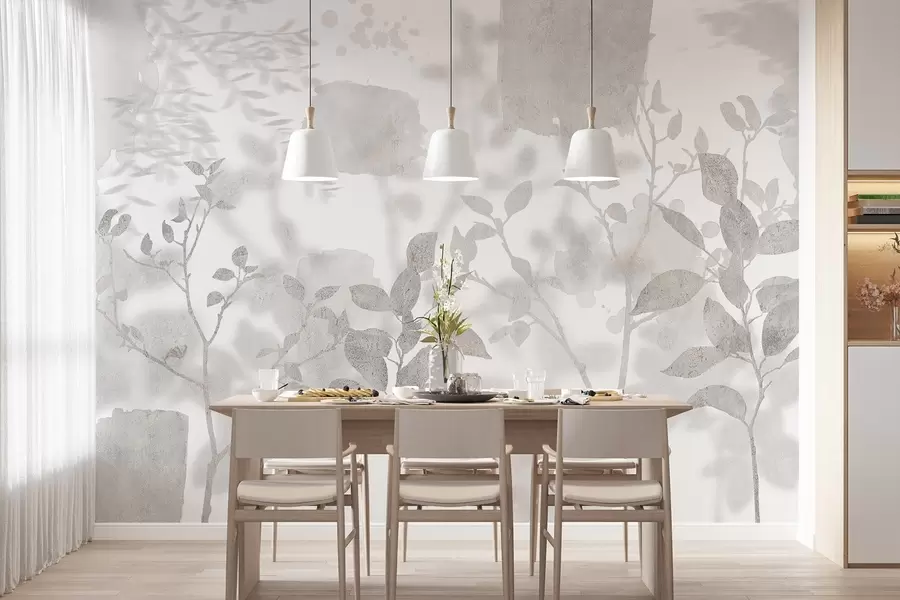 murais de parede Silhuetas de árvores, galhos, natureza, aquarela, cores cinza w03911