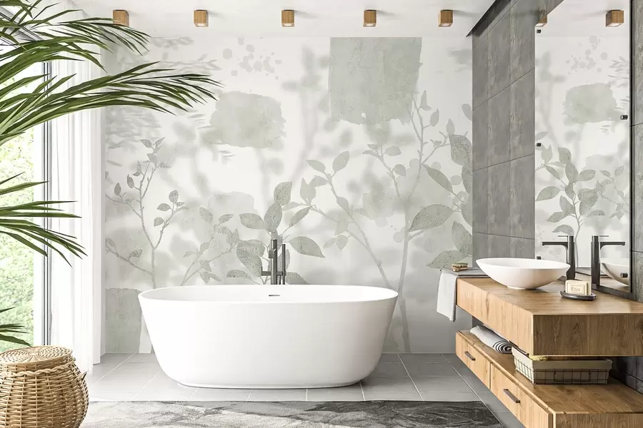 murais de parede Silhuetas de árvores, galhos, natureza, aquarela, cores verdes w03911v1