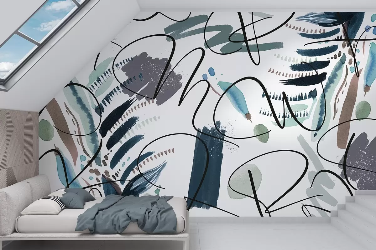 murais de parede Letras com tinta, caligrafia, pinceladas, cores azuis, abstração w03912v2