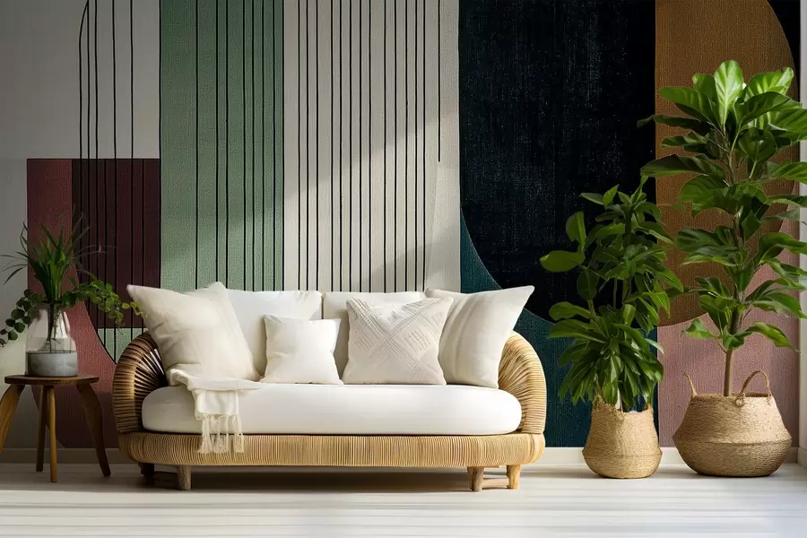 murais de parede composição geométrica abstrata moderna com formas sobrepostas e padrões de linhas verticais, linhas finas preenchendo trapézios e ovais, sobreposição de textura têxtil suave, tons suaves e quentes como verde-oliva, taupe, bege e carvão, efeitos sutis de transparência entre as formas w03937v3