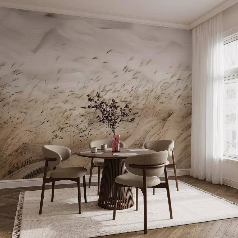 murais de parede campos abstratos de grama soprada pelo vento em tons de bege e pedra, linhas de desenho a tinta com fundo de papel texturizado, calma do campo nórdico w03941