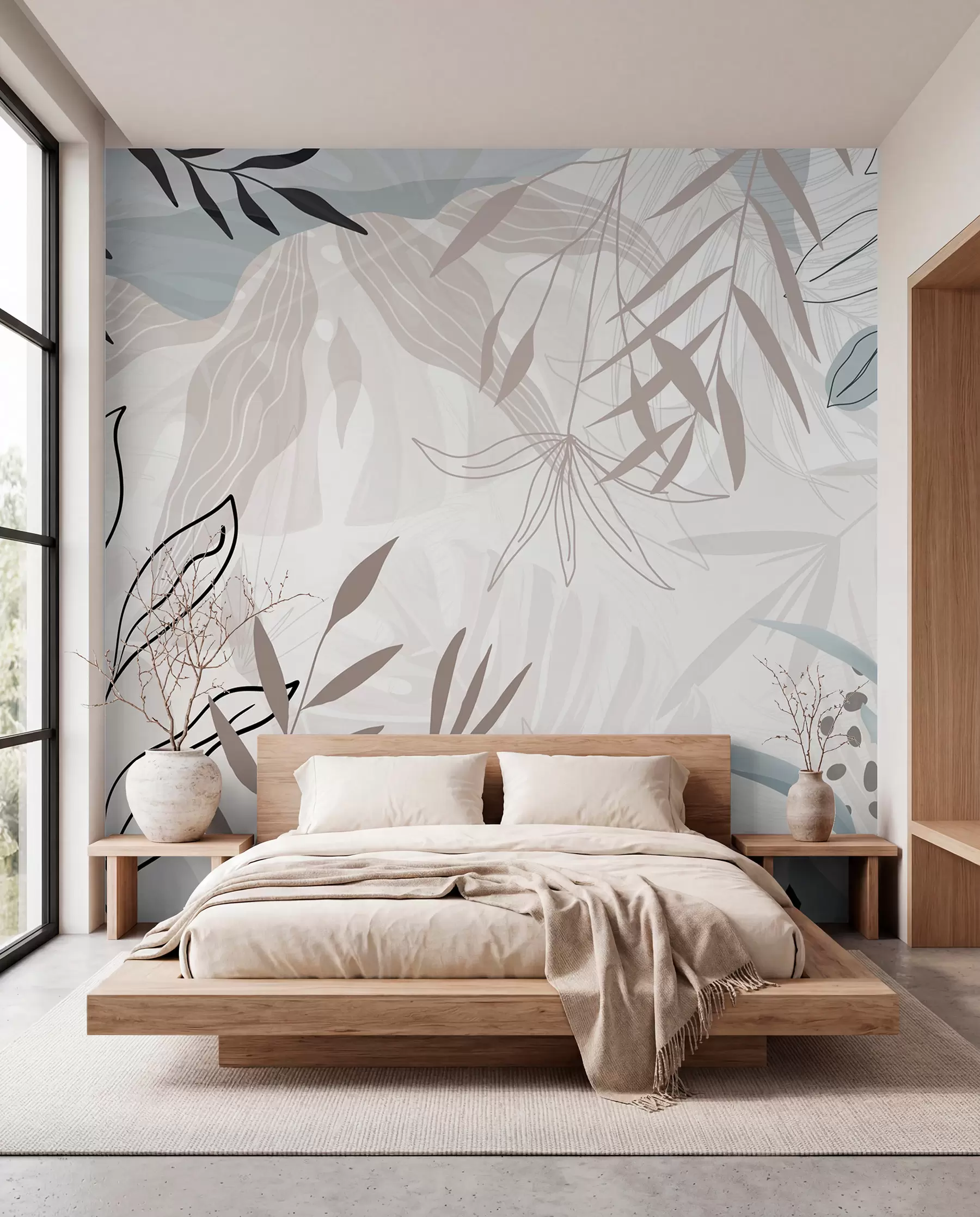 murais de parede Design moderno floral abstrato com folhas em tons pastéis de bege, cinza, azul e preto, arte de linha delicada e fundo suave  w09105