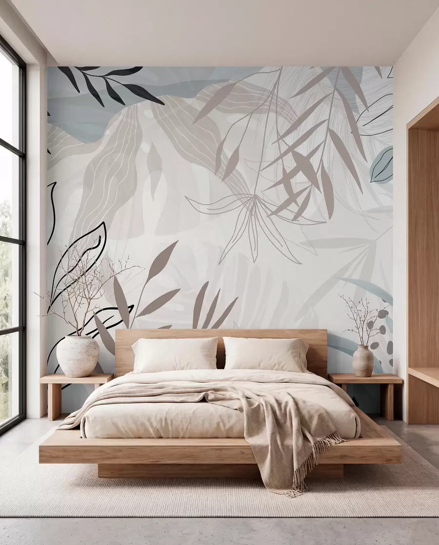 murais de parede Design moderno floral abstrato com folhas em tons pastéis de bege, cinza, azul e preto, arte de linha delicada e fundo suave  w09105