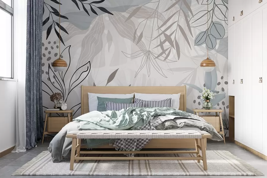 murais de parede Design moderno floral abstrato com folhas em tons pastéis de bege, cinza, azul e preto, arte de linha delicada e fundo suave  w09105