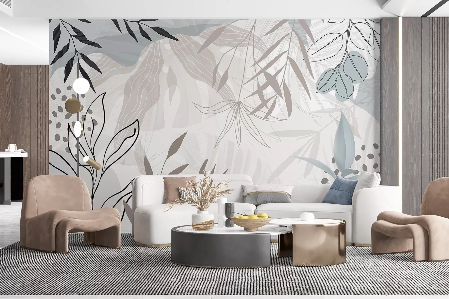 murais de parede Design moderno floral abstrato com folhas em tons pastéis de bege, cinza, azul e preto, arte de linha delicada e fundo suave  w09105