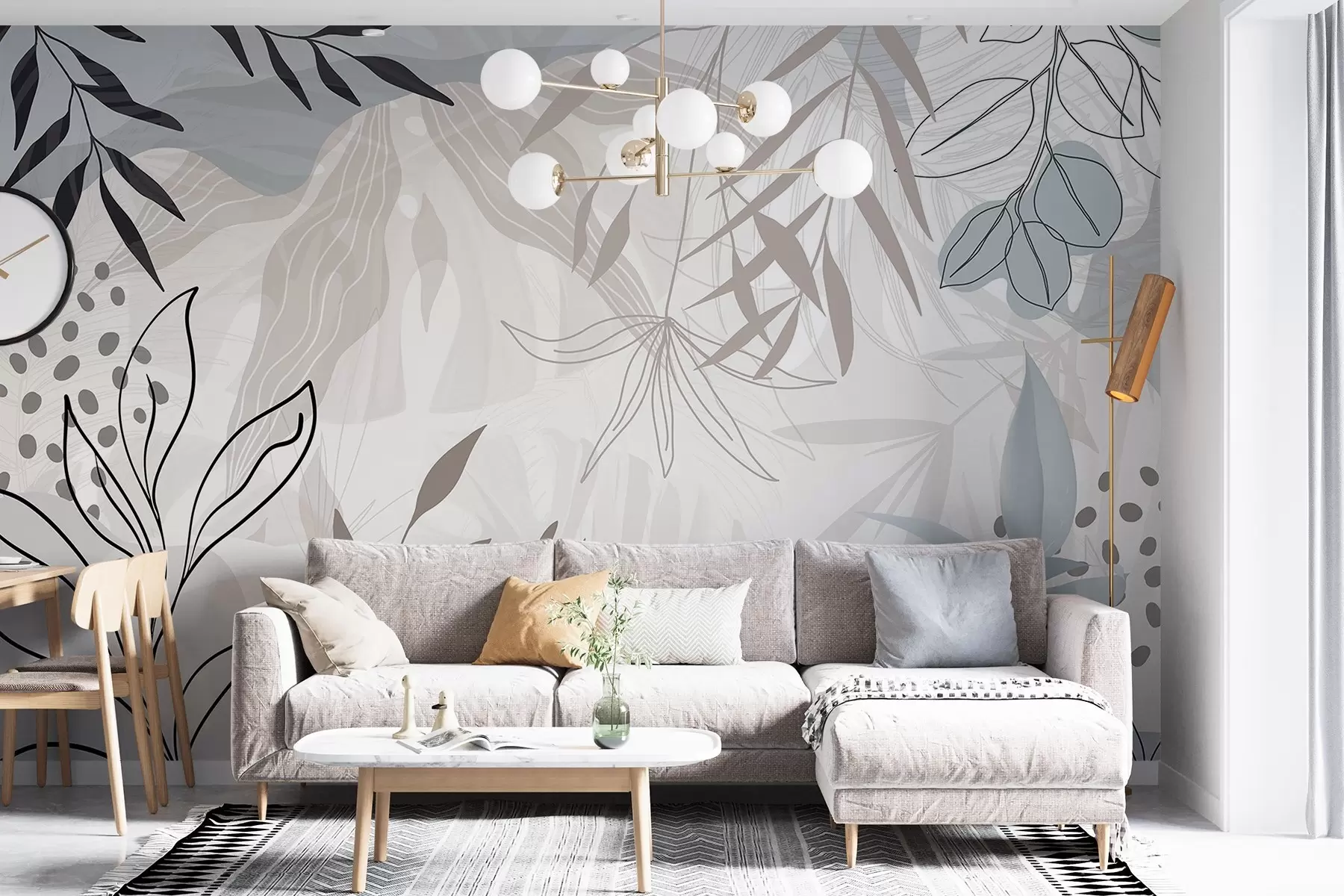 murais de parede Design moderno floral abstrato com folhas em tons pastéis de bege, cinza, azul e preto, arte de linha delicada e fundo suave  w09105