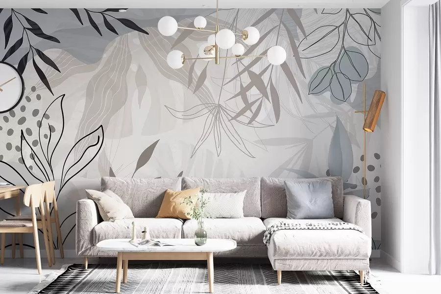 murais de parede Design moderno floral abstrato com folhas em tons pastéis de bege, cinza, azul e preto, arte de linha delicada e fundo suave  w09105