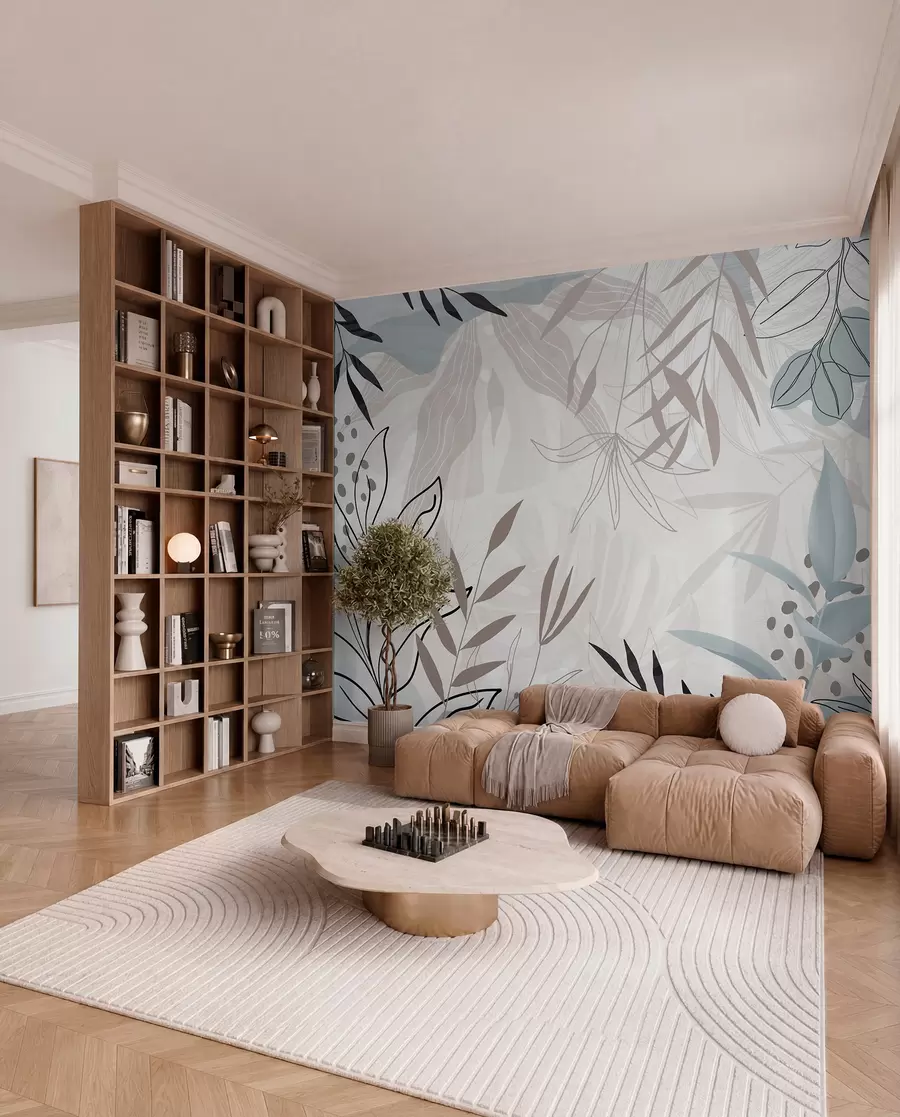 murais de parede Design moderno floral abstrato com folhas em tons pastéis de bege, cinza, azul e preto, arte de linha delicada e fundo suave  w09105