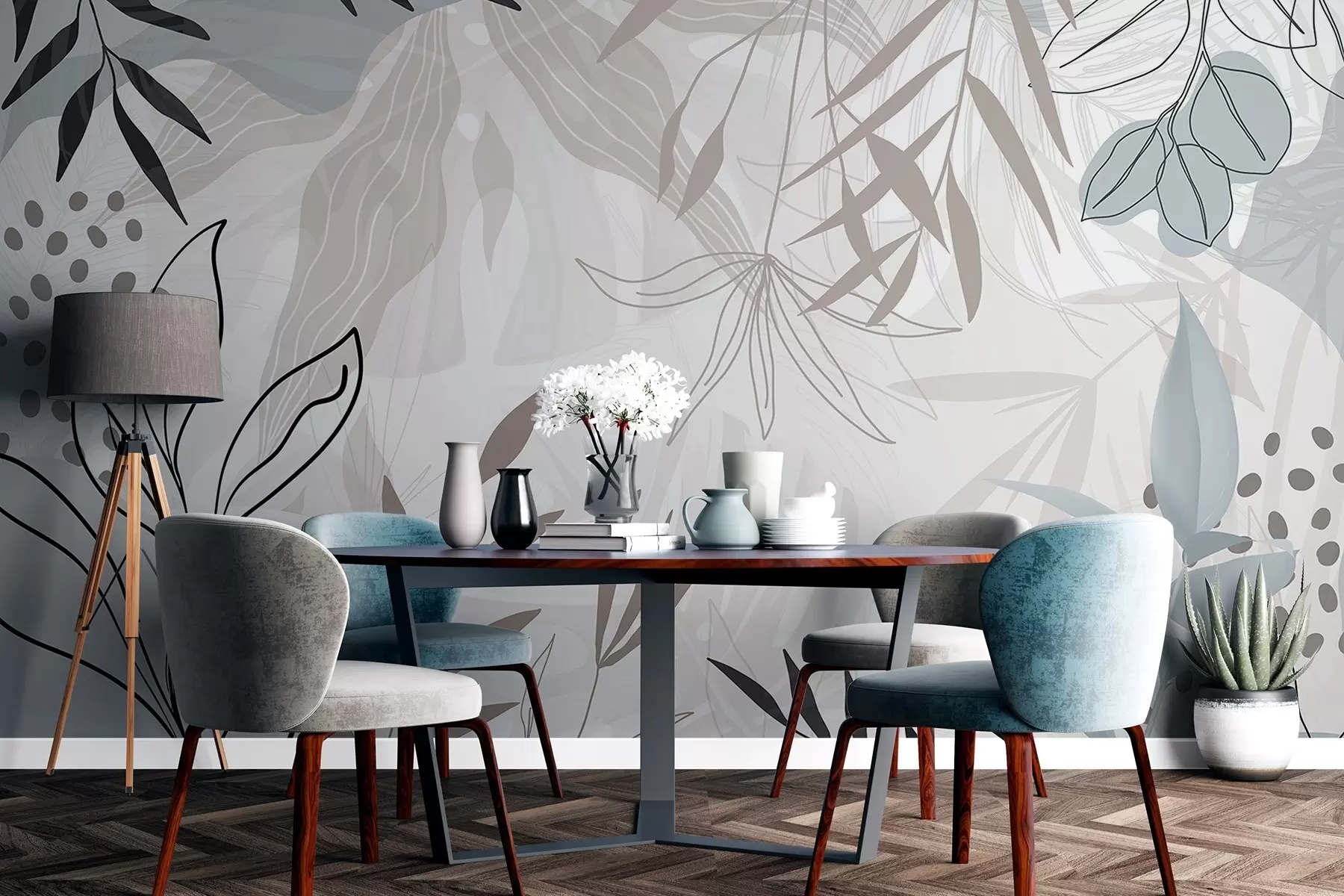 murais de parede Design moderno floral abstrato com folhas em tons pastéis de bege, cinza, azul e preto, arte de linha delicada e fundo suave  w09105