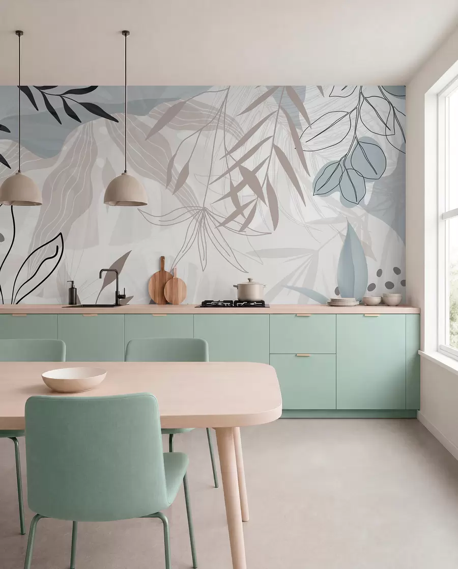 murais de parede Design moderno floral abstrato com folhas em tons pastéis de bege, cinza, azul e preto, arte de linha delicada e fundo suave  w09105