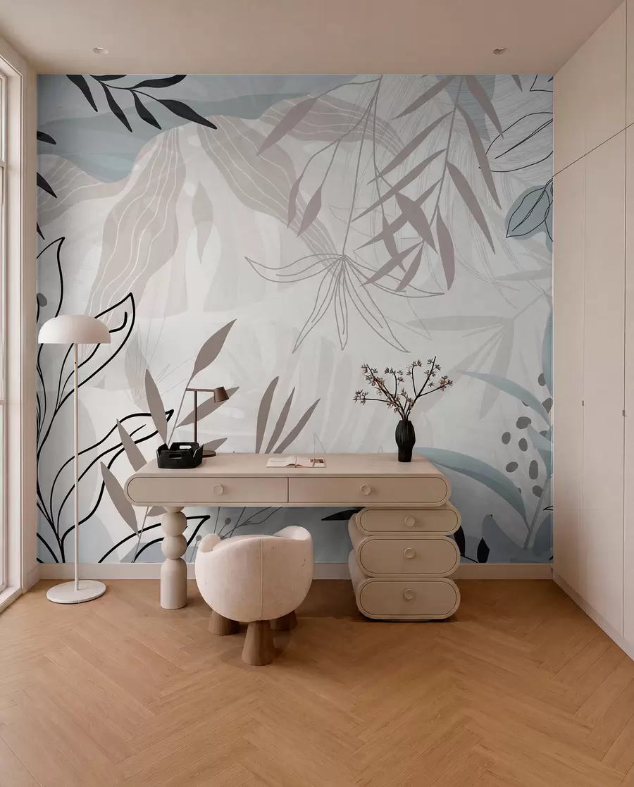 murais de parede Design moderno floral abstrato com folhas em tons pastéis de bege, cinza, azul e preto, arte de linha delicada e fundo suave  w09105