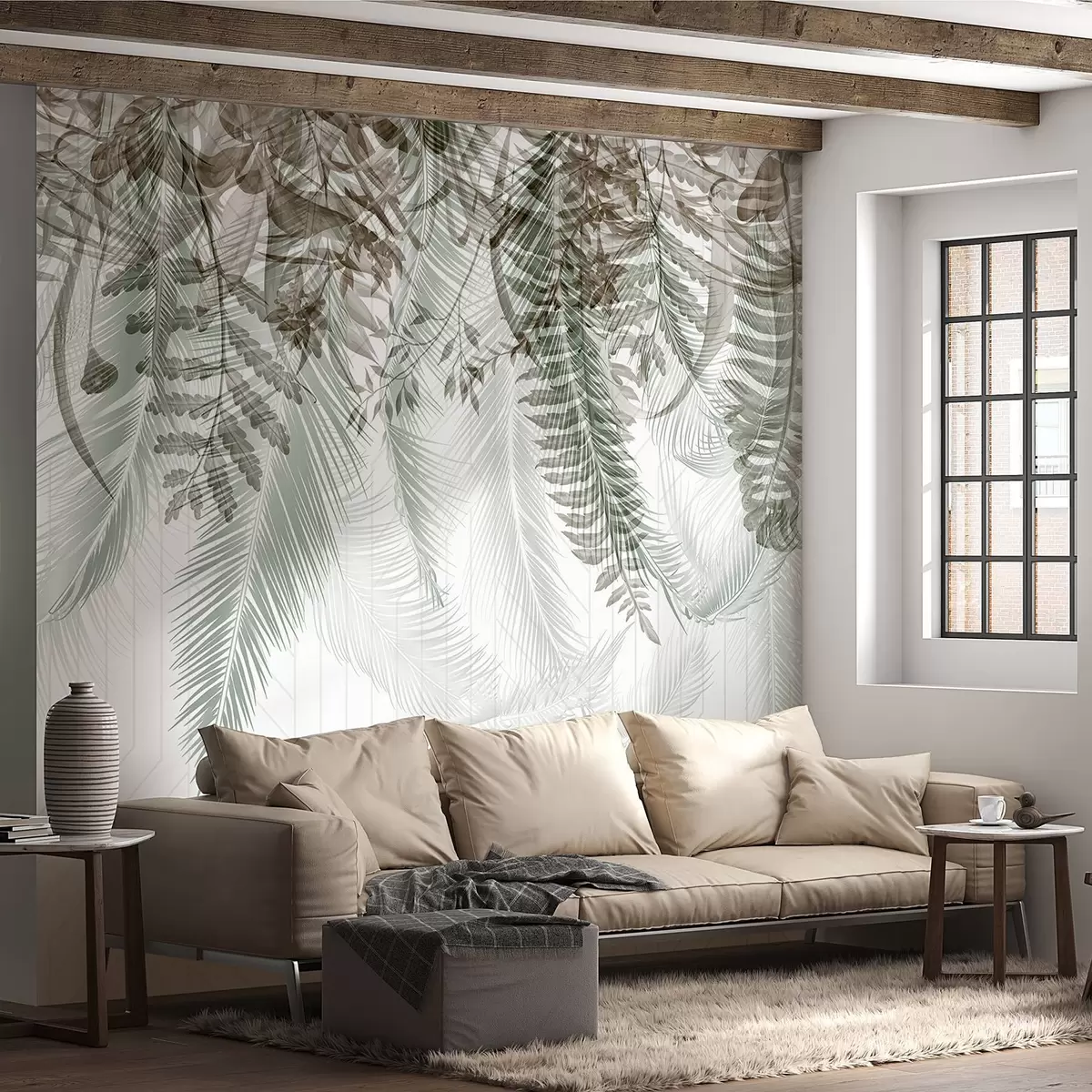 murais de parede Delicada queda de samambaia tropical e folhas de palmeira, fundo geométrico, luz suave, cores suaves, elegante w09106v1