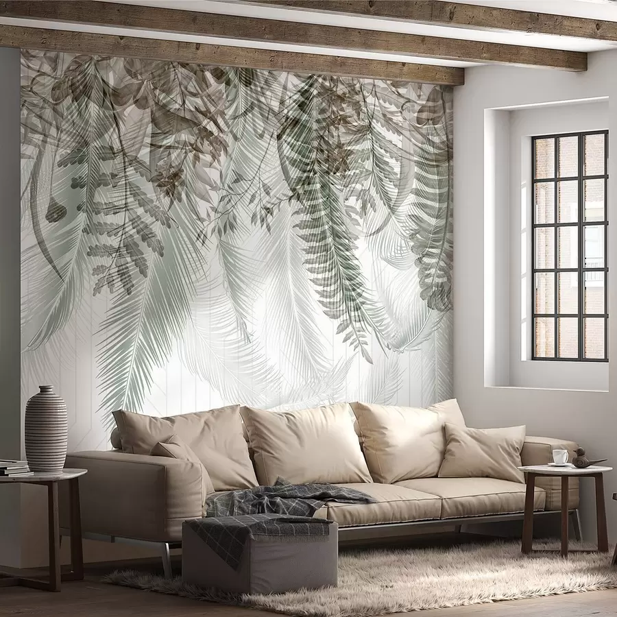 murais de parede Delicada queda de samambaia tropical e folhas de palmeira, fundo geométrico, luz suave, cores suaves, elegante w09106v1