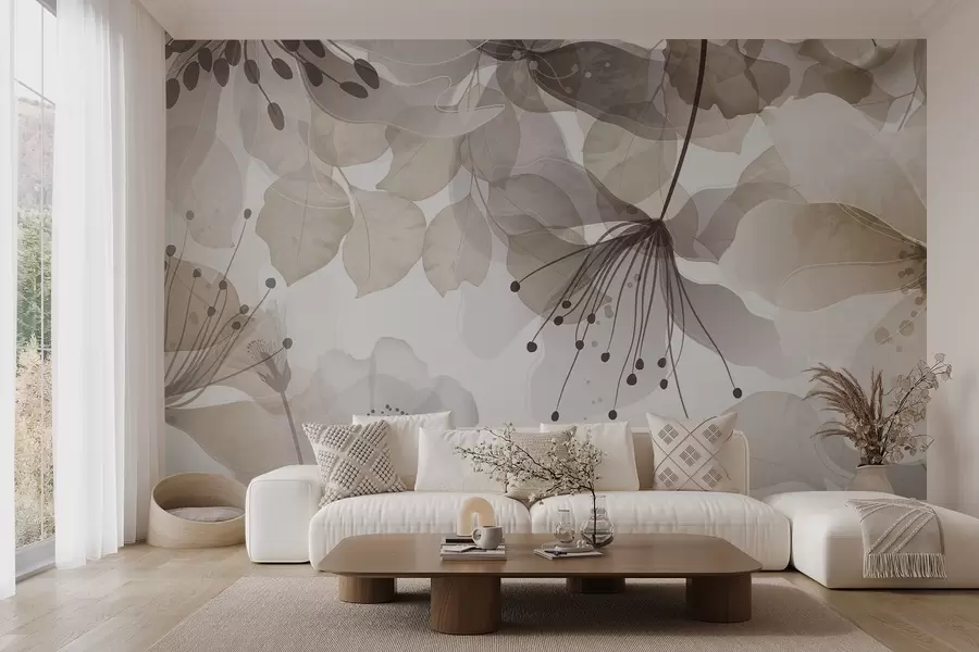 murais de parede Flores e folhas em tons de bege, pétalas e folhas translúcidas, efeito de aquarela suave, linhas delicadas, fundo branco w09107v1