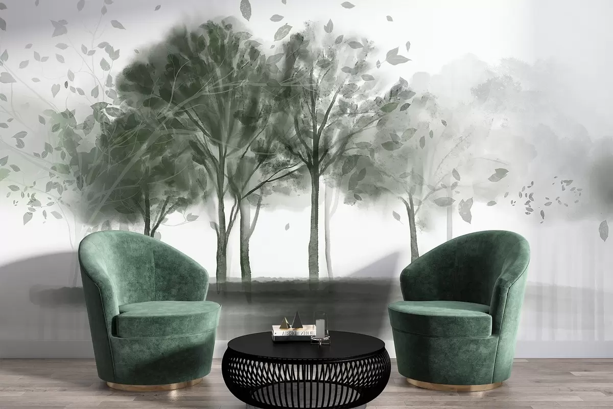 murais de parede Paisagem abstrata com árvores com folhas verdes refletindo na água, em estilo aquarela texturizado w09109