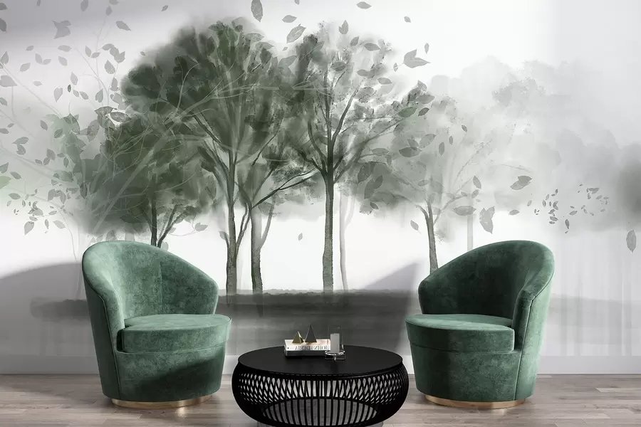 murais de parede Paisagem abstrata com árvores com folhas verdes refletindo na água, em estilo aquarela texturizado w09109