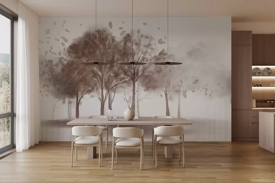 murais de parede Paisagem abstrata com árvores com folhas marrons refletindo na água, em estilo aquarela texturizado w09109v1