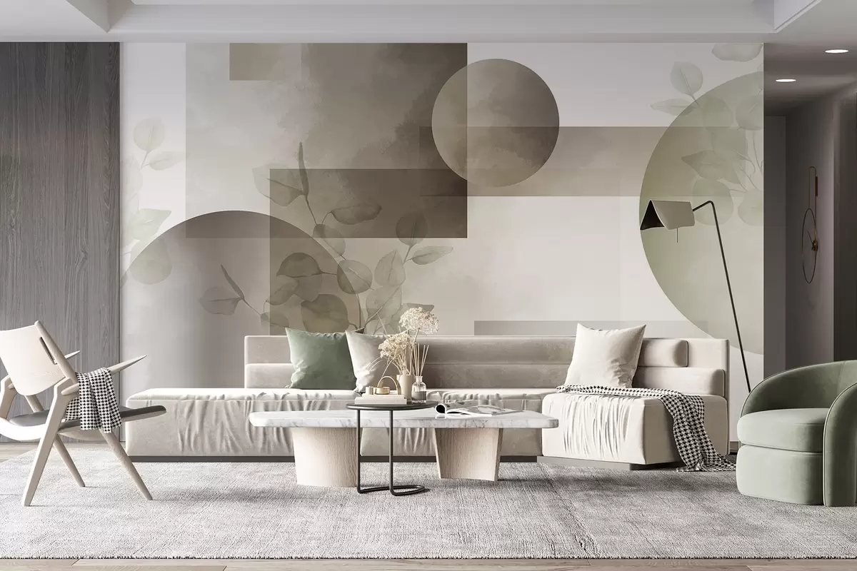 murais de parede Desenho geométrico minimalista moderno abstrato com círculos e retângulos, folhas de eucalipto, efeito de aquarela w09110v1