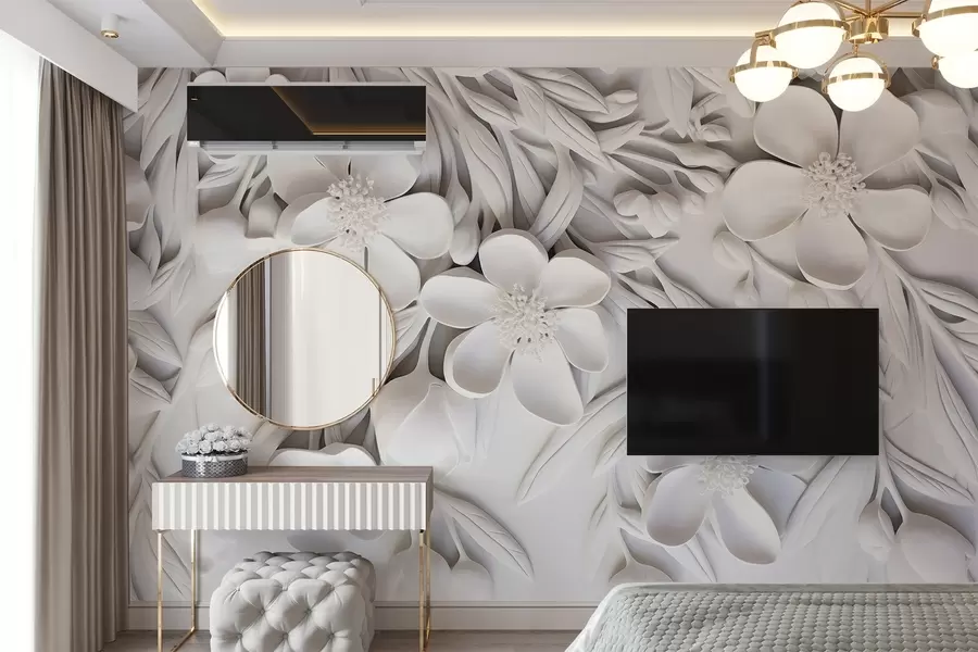 murais de parede Flores brancas e folhas em um fundo branco, floral elegante, design decorativo, detalhes intrincados w09113