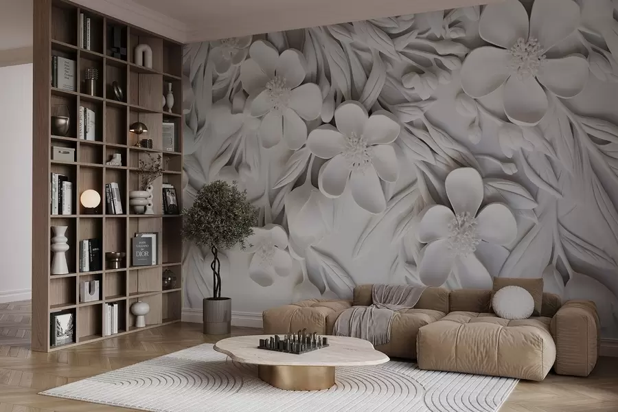 murais de parede Flores brancas e folhas em um fundo branco, floral elegante, design decorativo, detalhes intrincados w09113