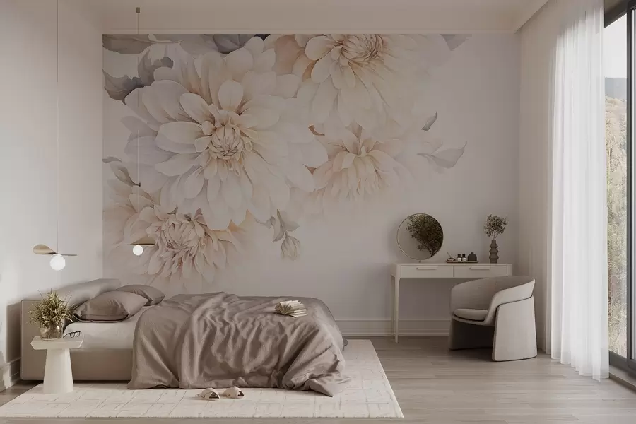 murais de parede Dálias em tons pastéis com pétalas suaves e delicadas de pêssego e luz branca em estilo aquarela, fundo suave w09115