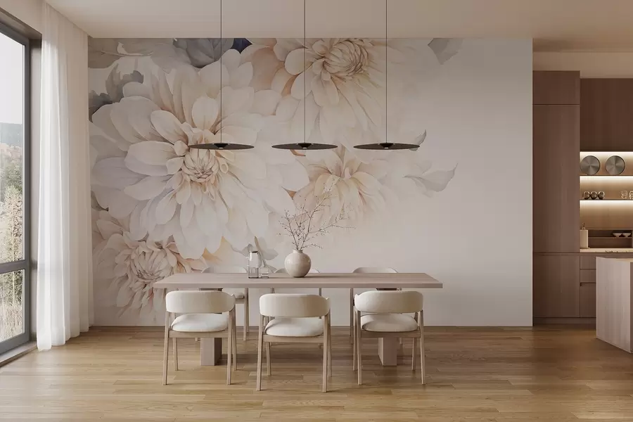 murais de parede Dálias em tons pastéis com pétalas suaves e delicadas de pêssego e luz branca em estilo aquarela, fundo suave w09115