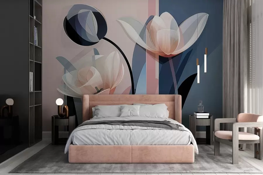 murais de parede Design moderno abstrato com tulipas com pétalas transparentes em tons pastéis de rosa, branco e azul escuro w09116