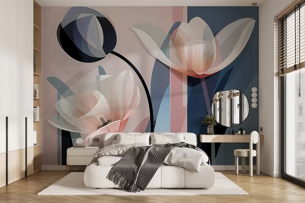 murais de parede Design moderno abstrato com tulipas com pétalas transparentes em tons pastéis de rosa, branco e azul escuro w09116
