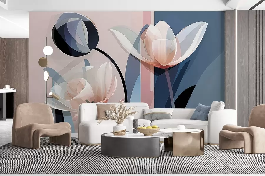murais de parede Design moderno abstrato com tulipas com pétalas transparentes em tons pastéis de rosa, branco e azul escuro w09116