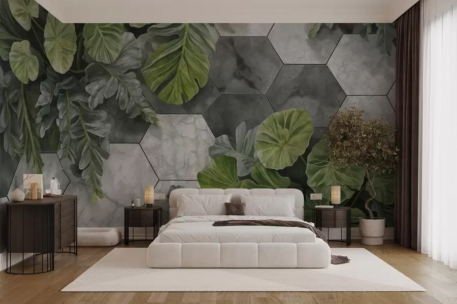 murais de parede Folhas e plantas tropicais verdes em um fundo de azulejos texturizados cinza e branco, design moderno de folhagem exuberante  w09117