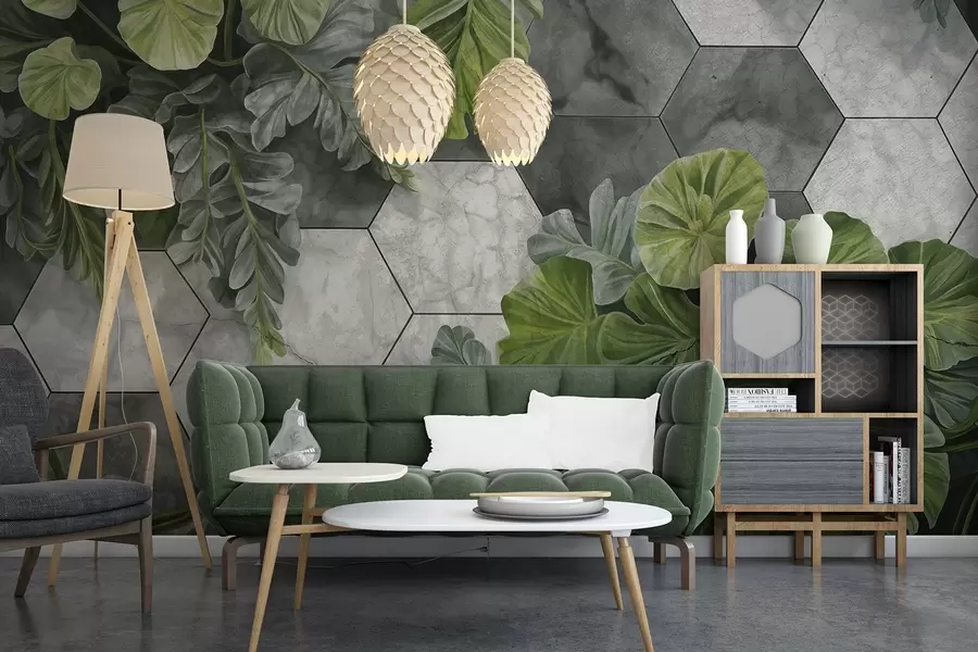 murais de parede Folhas e plantas tropicais verdes em um fundo de azulejos texturizados cinza e branco, design moderno de folhagem exuberante  w09117