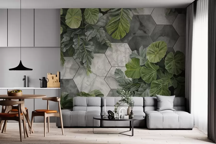 murais de parede Folhas e plantas tropicais verdes em um fundo de azulejos texturizados cinza e branco, design moderno de folhagem exuberante  w09117