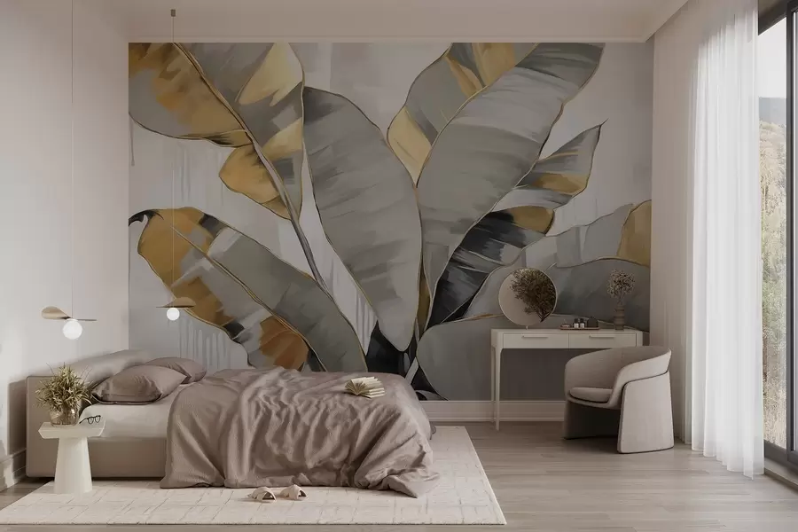 murais de parede Folhas texturizadas de bananeira tropical com tons de cinza e amarelo, estilo moderno, fundo neutro, pintura decorativa w09118