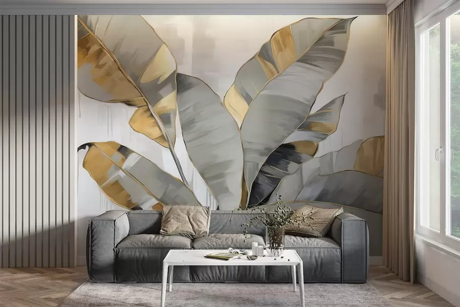 murais de parede Folhas texturizadas de bananeira tropical com tons de cinza e amarelo, estilo moderno, fundo neutro, pintura decorativa w09118